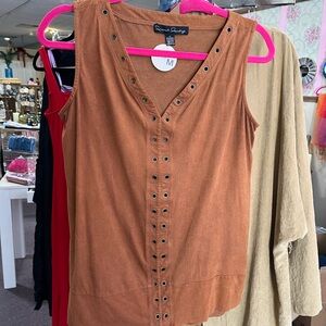 French Laundry Faux Suede Eyelet-Front Sleeveless Top - Tan